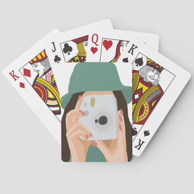 Photographer Girl Illustrated with Dark Hair Poker Cards (Back)