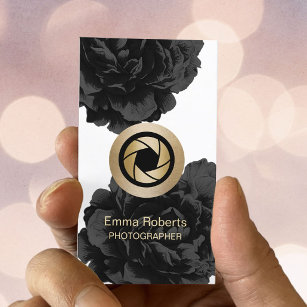 Photographer Gold Camera Black Floral Photography Business Card