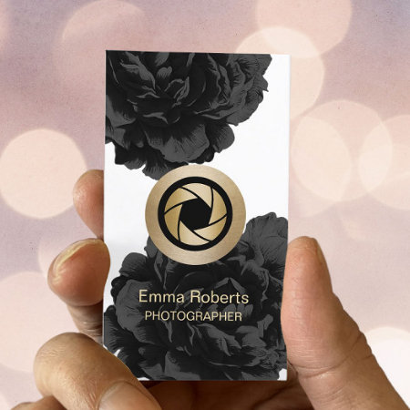 Photographer Gold Camera Black Floral Photography Business Card