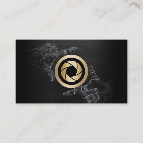 Photographer Gold Shutter Logo Elegant Dark Wood Business Card