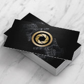 Modern Photographer Monogram Black Gold Camera Business Card