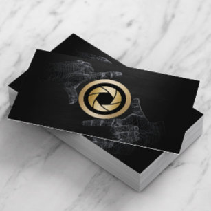 Photographer Gold Shutter Logo Elegant Dark Wood Business Card