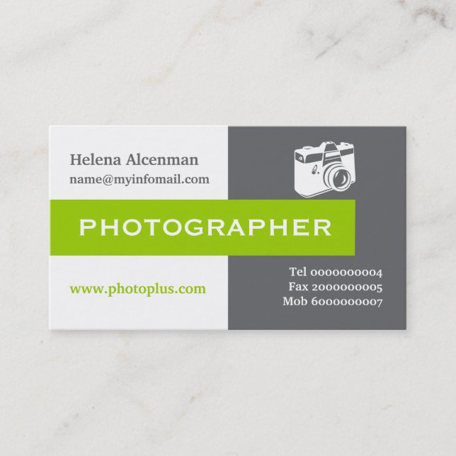 Photographer grey, white, green eye-catching business card (Front)