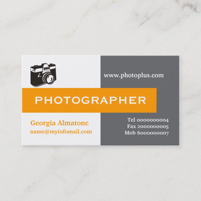 Photographer grey, white, orange eye-catching business card (Front)