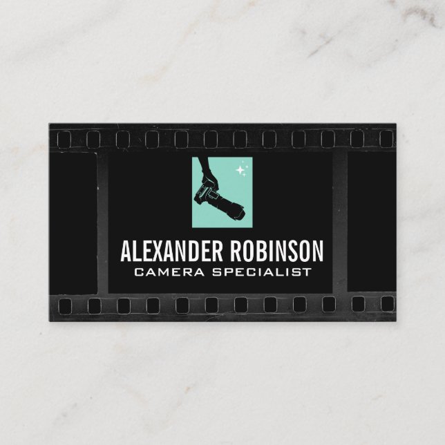 Photographer Holding Camera | Film Background Business Card (Front)
