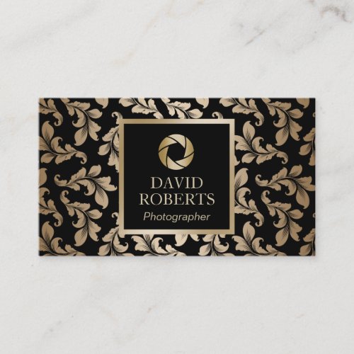Photographer Luxury Black  Gold Damask Pattern Business Card
