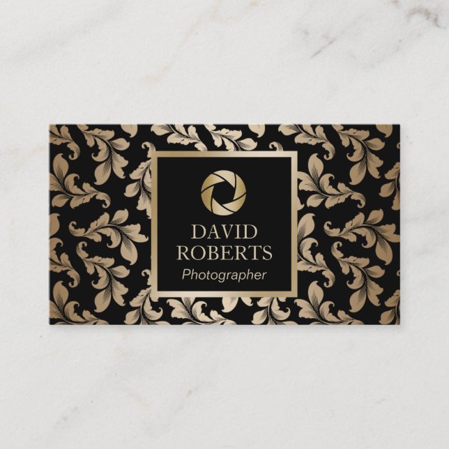 Photographer Luxury Black & Gold Damask Pattern Business Card (Front)