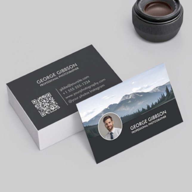 Photographer Modern Minimalist QR Code Black Business Card (Creator Uploaded)