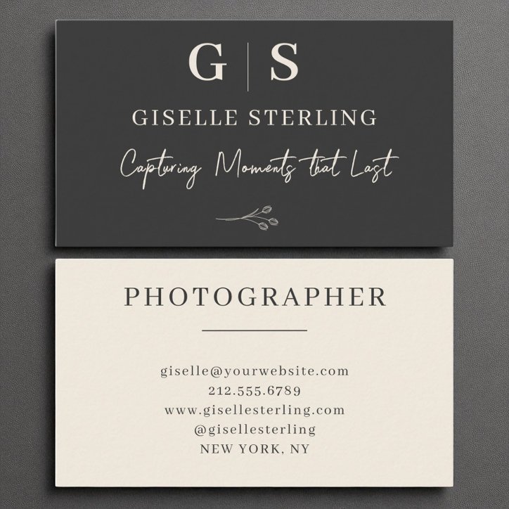 Photographer Monogram Elegant Modern Black Cream Business Card