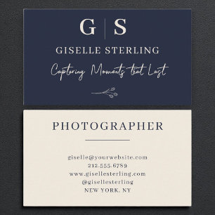 Photographer Monogram Elegant Navy Blue Cream Business Card