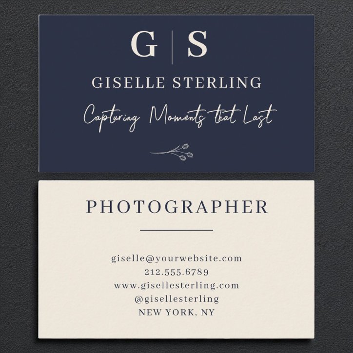 Photographer Monogram Elegant Navy Blue Cream Business Card