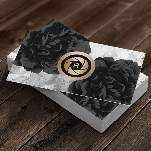Photographer Monogram Gold Shutter Black Floral Business Card