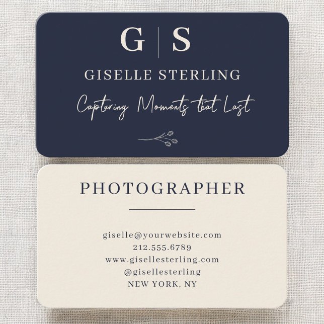 Photographer Navy Blue Monogram Business Card (Creator Uploaded)