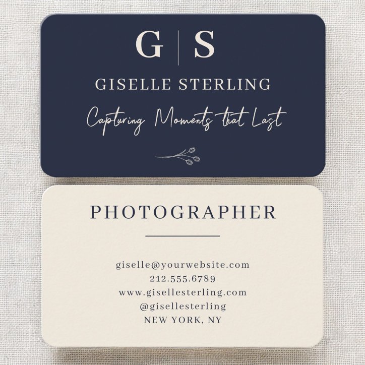Photographer Navy Blue Monogram Business Card