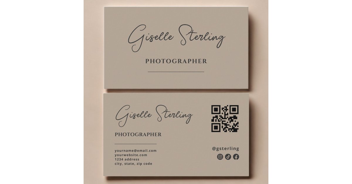 Answer Booklet Script Qr Code Photo Photographer Neutral Taupe Script QR Code Business Card | Zazzle