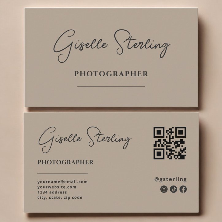 Photographer Neutral Taupe Script QR Code Business Card