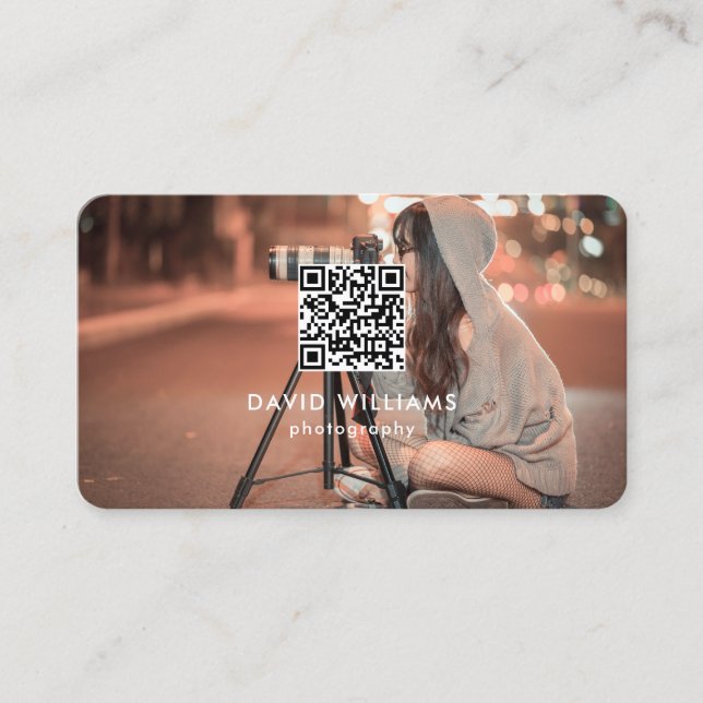Photographer Photo QR Code Professional Black Business Card (Front)