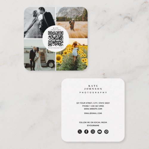 Photographer Photos QR Code Social Media Icons  Square Business Card