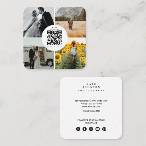 Customizable Photographer Photos QR Code Social Media Icons  Square Business Card