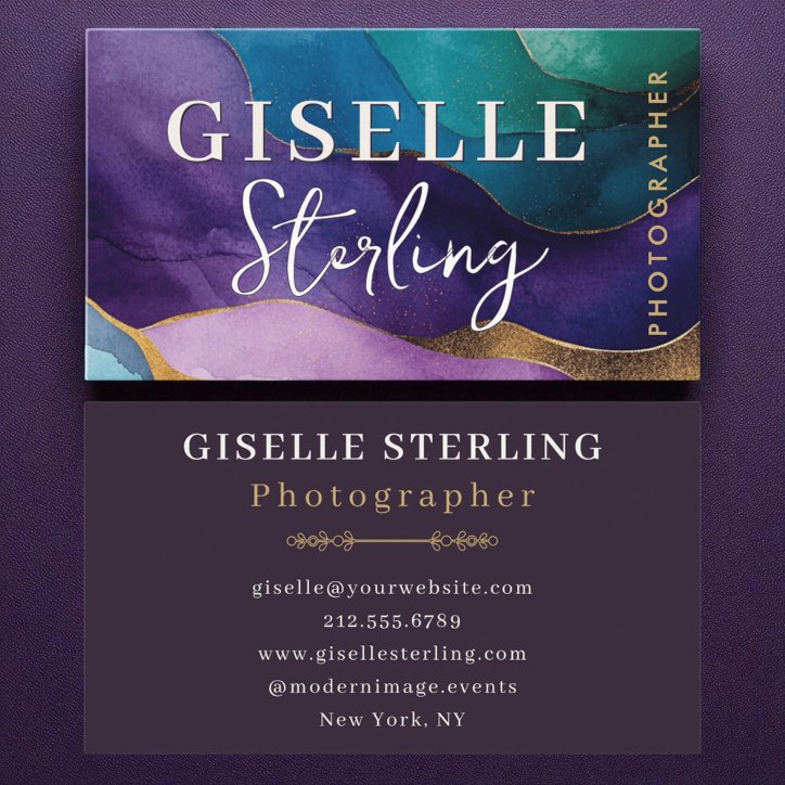 Photographer Purple Gold Modern Watercolor Business Card