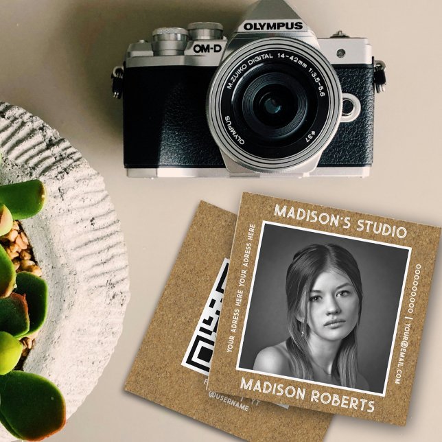 Photographer QR code custom photo black kraft chic Square Business Card (Kraft background- business card for Photographer )