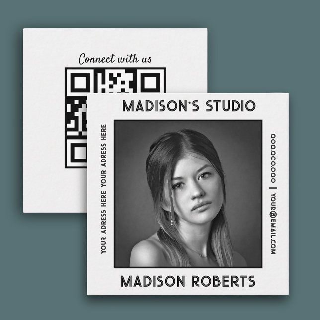 Photographer QR code custom photo white smoke chic Square Business Card (Creator Uploaded)