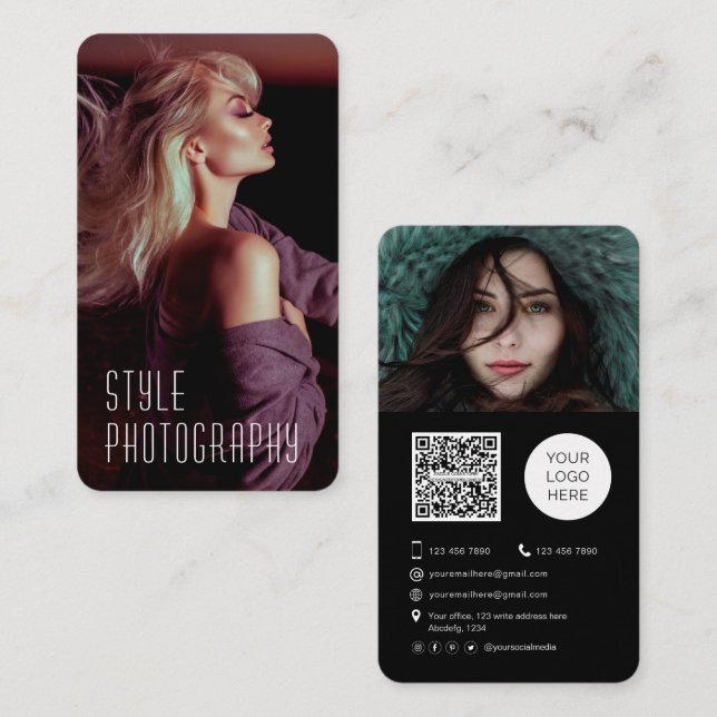 Photographer QR code Trendy photo Business Card (Front/Back)