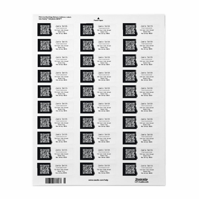 Photographer QR Code White & Black Return Address Label (Full Sheet)