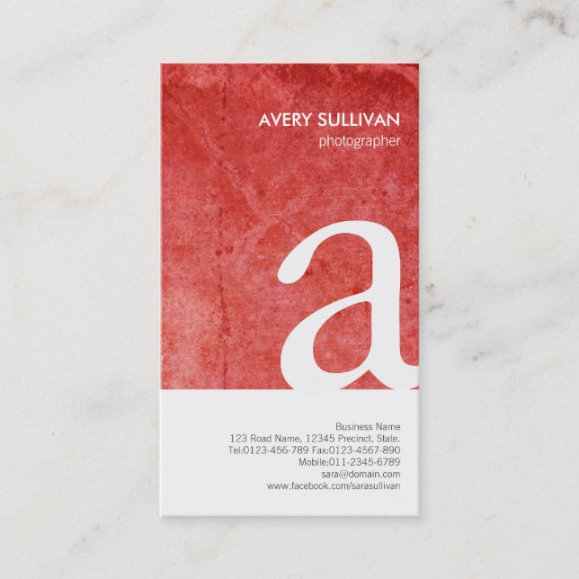 Photographer Red Grunge Monogram Business Card (Front)