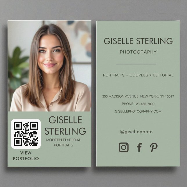 Photographer Sage Green Photo QR Code  Business Card (Creator Uploaded)