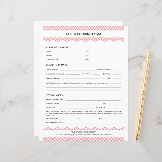 Photographer Session Contract Form Template (Front/Back In Situ)