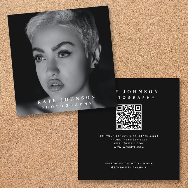 Photographer Stylish Photo QR Code Social Media  Square Business Card (Creator Uploaded)