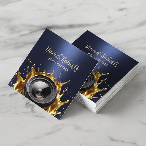 Photographer Trendy Gold Camera Photography Navy Square Business Card