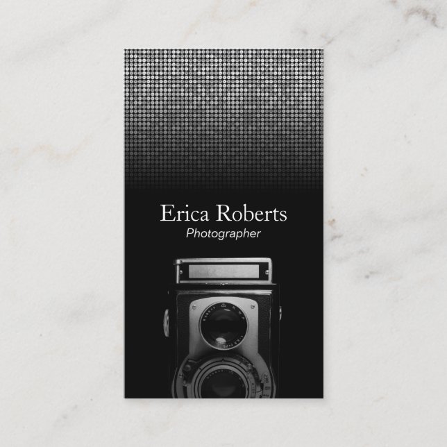 Photographer Vintage Camera Modern Silver Sequins Business Card (Front)