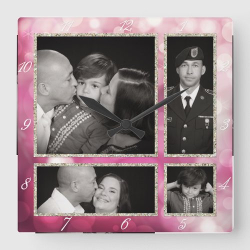 Photographic Collage Four Pink Bokeh Sparkle Glitz Square Wall Clock