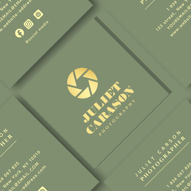 Photography Bold Typography Sage Green And Gold  Square Business Card (Creator Uploaded)