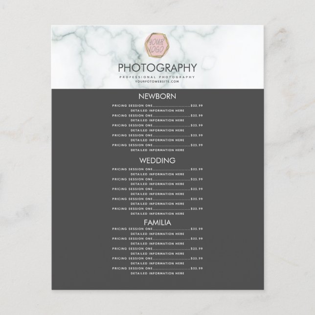 Photography Business Your Logo Gray Marble Menu (Front)