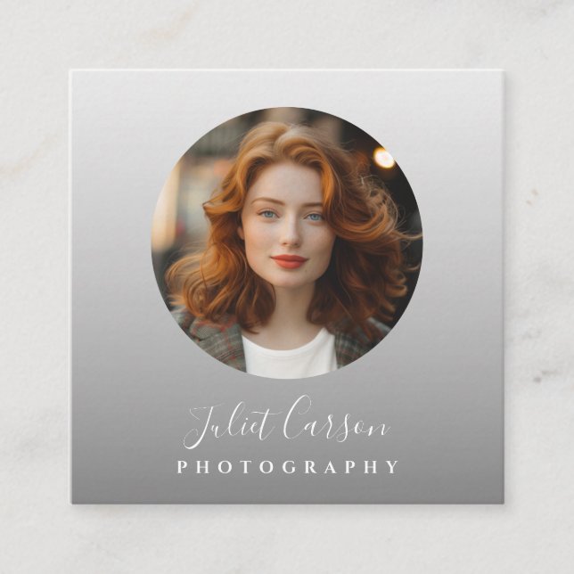Photography Calligraphy Script Circle Photo   Square Business Card (Front)