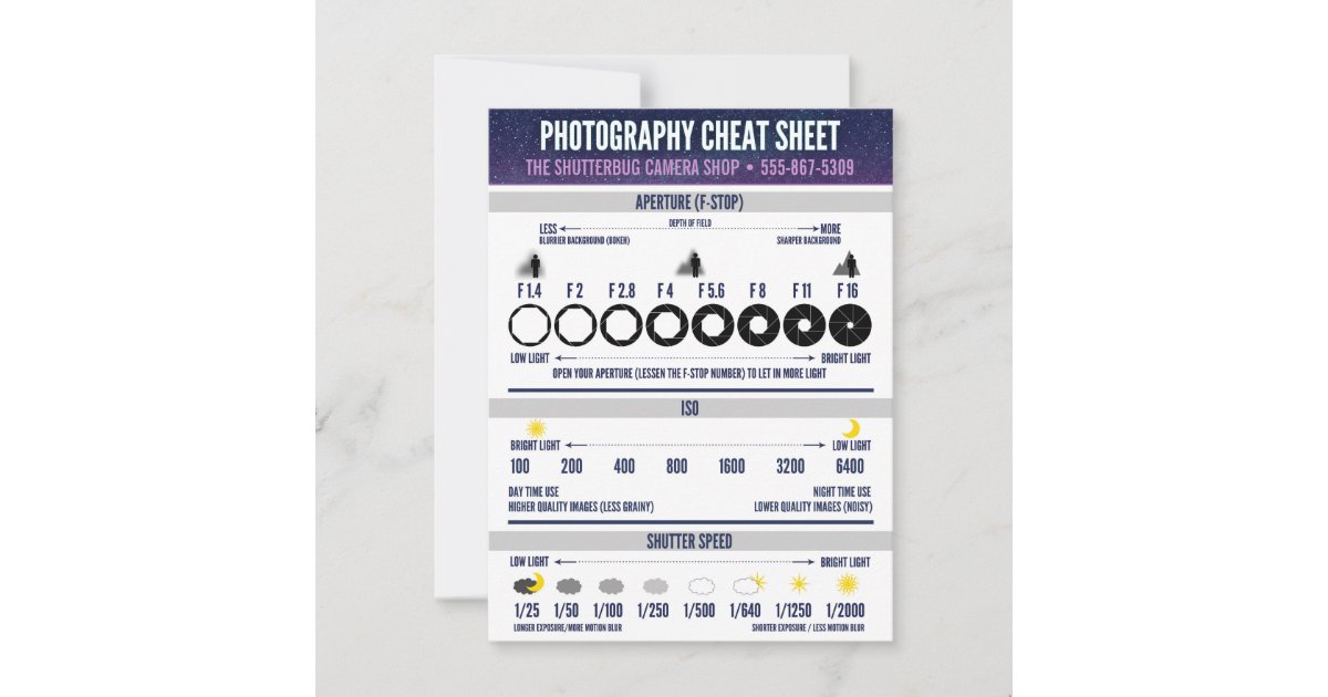 Photography Cheat Sheet Custom Advice Card | Zazzle.com