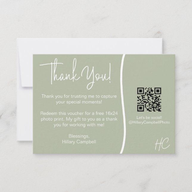 Photography Client Thank You Photo Voucher QR code Card (Front)