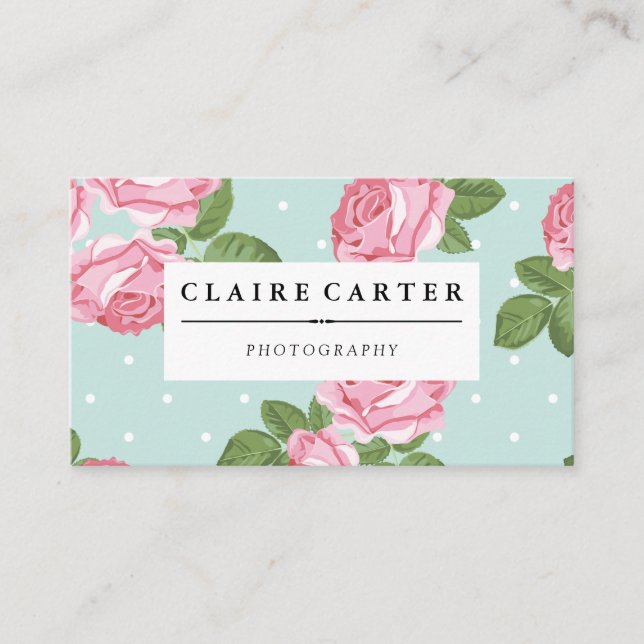 Photography Floral Roses and Polka Dots Business Card (Front)