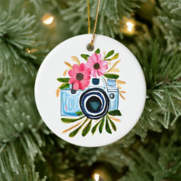 Photography Lovers Vintage Camera and Flowers Ceramic Ornament