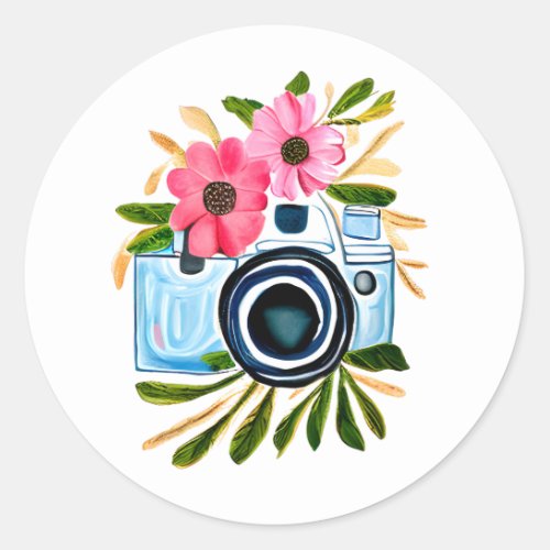 Photography Lovers Vintage Camera and Flowers Classic Round Sticker