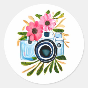 Photography Lovers Vintage Camera and Flowers Classic Round Sticker
