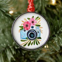Photography Lovers Vintage Camera and Flowers Metal Ornament