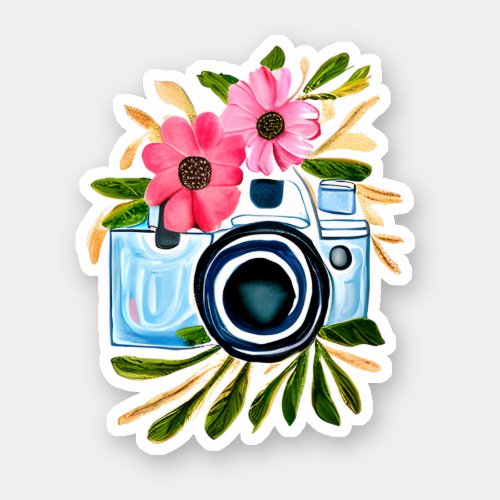 Photography Lovers Vintage Camera and Flowers Sticker