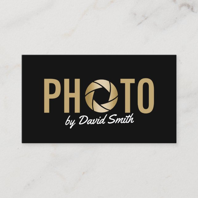 Photography Modern Gold Camera Logo Photographer Business Card (Front)
