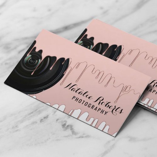 Photography Modern Rose Gold Dripping Photographer Business Card