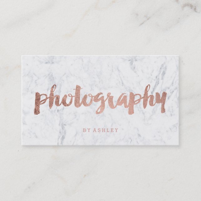 Photography modern rose gold typography marble business card (Front)