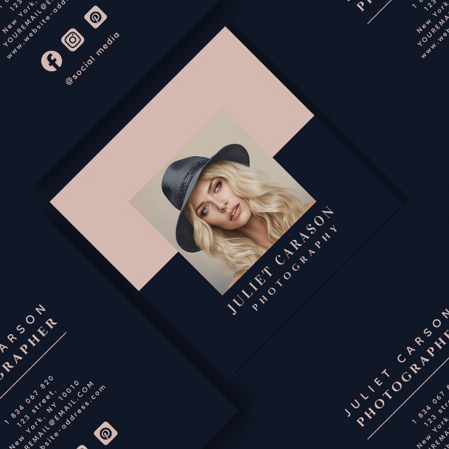 Photography Navy Blue & Blush  Square Business Card (Creator Uploaded)